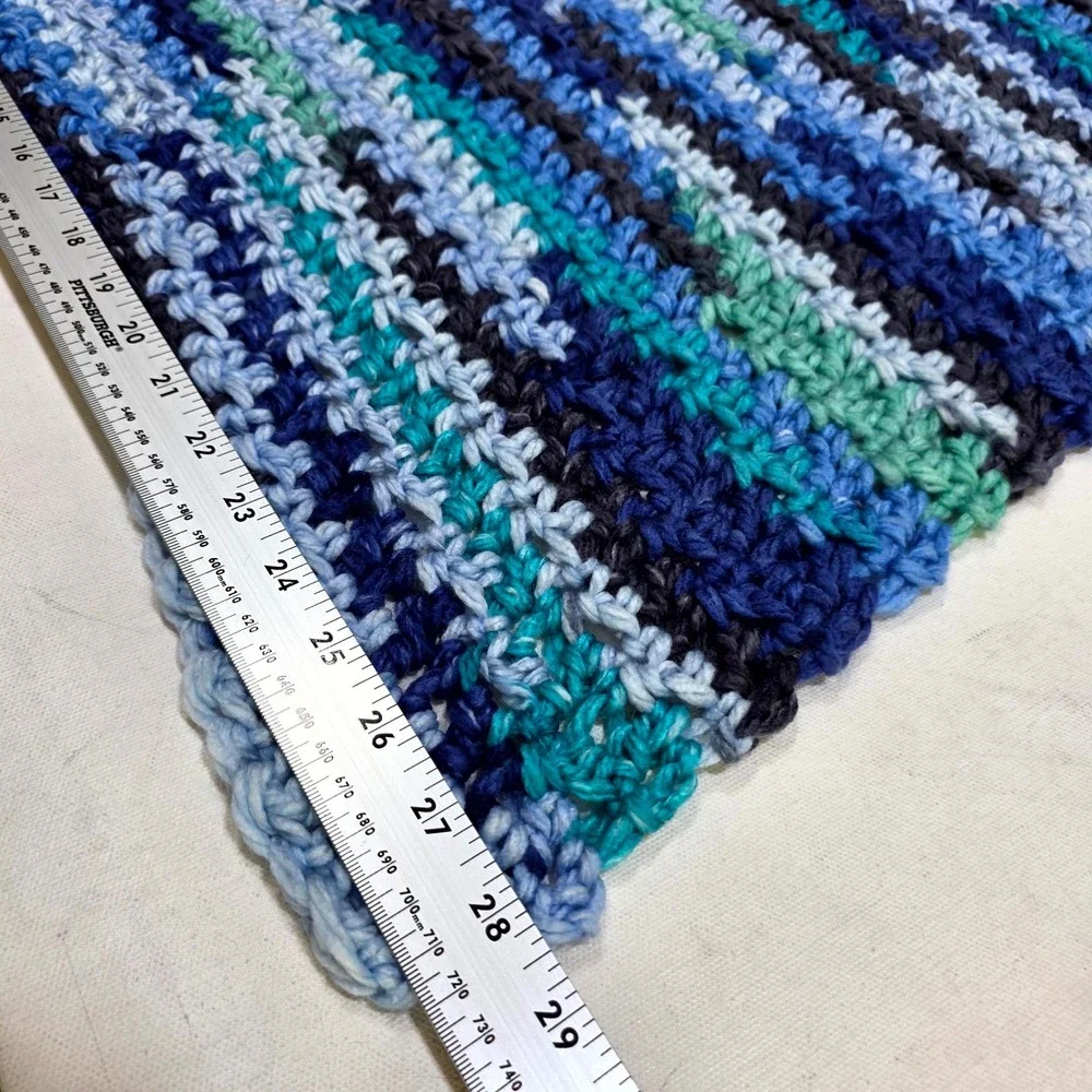 Crochet Throw Blanket OS Blue Multi Striped Handmade Chunky Grandmacore Boho